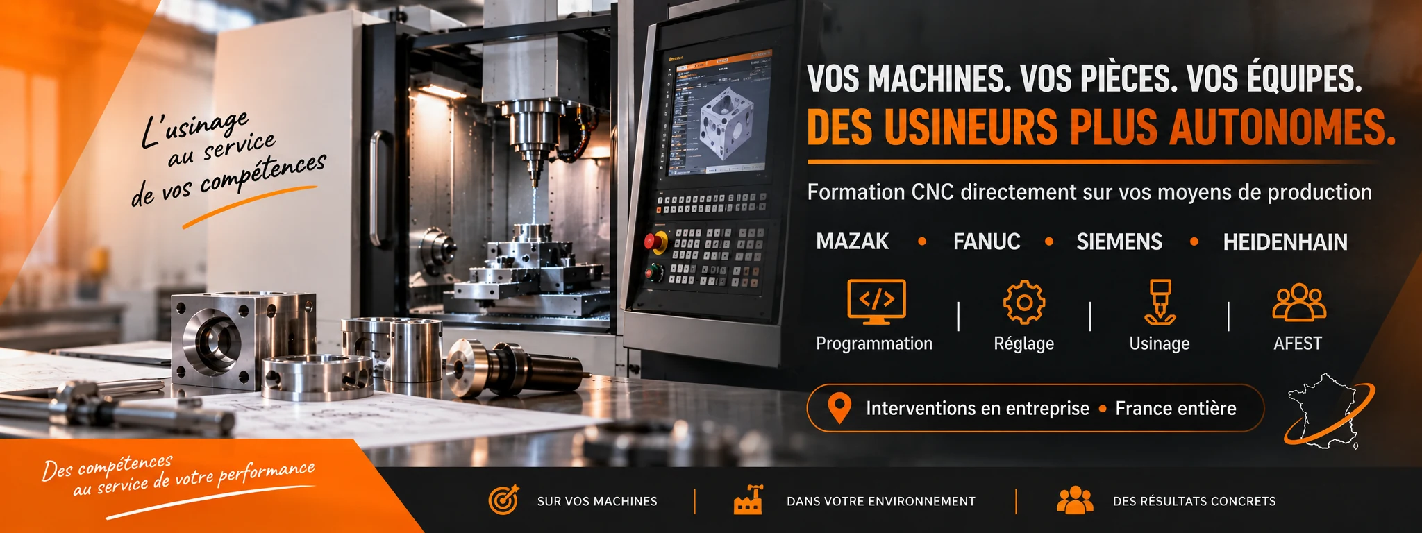 Formation CNC sur vos moyens de production : programmation, réglage, usinage et AFEST, interventions en entreprise dans toute la France.