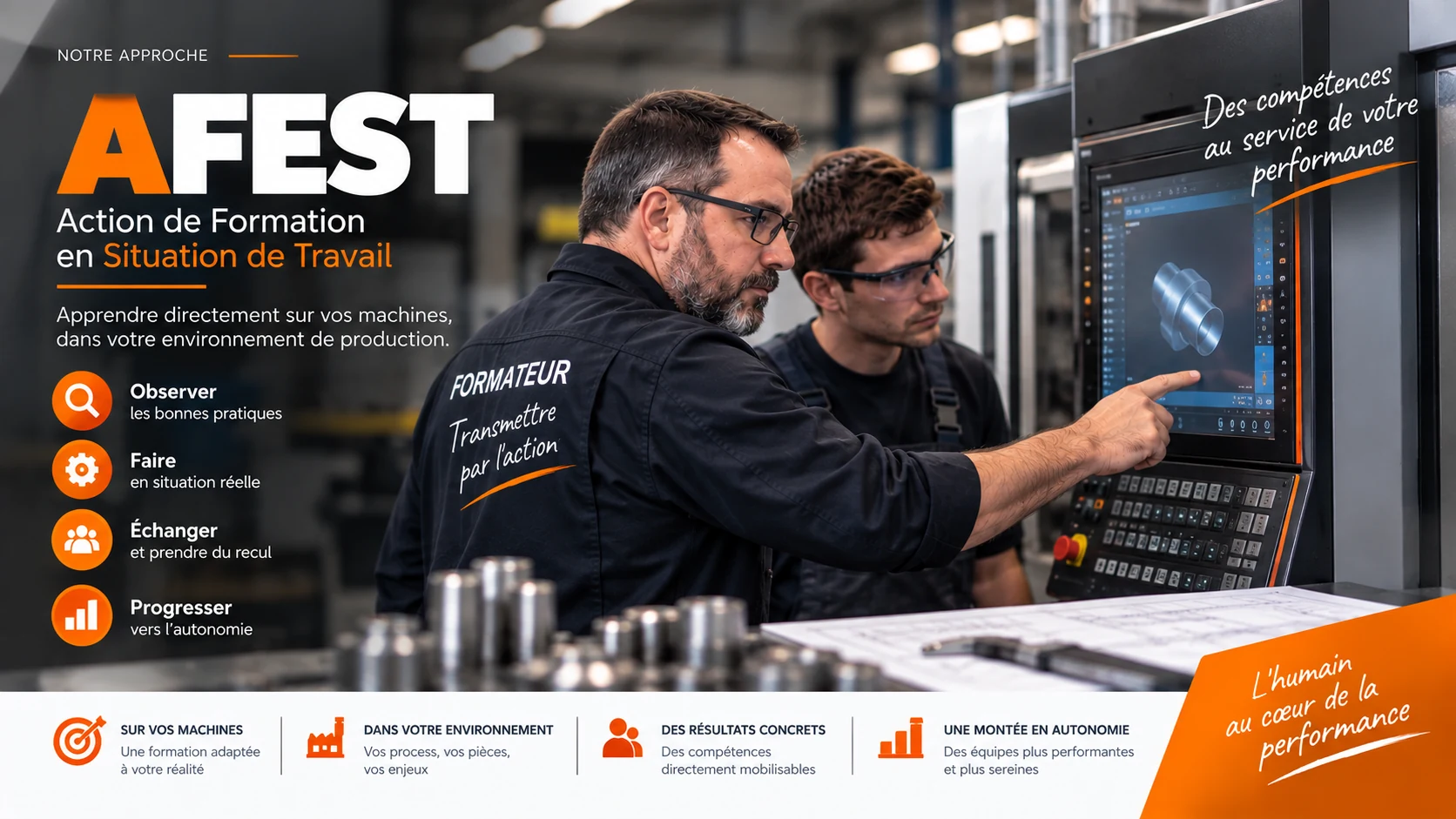 Illustration de l’AFEST en usinage : un formateur accompagne un opérateur devant une commande numérique. Observer, pratiquer, échanger et valider les acquis pour progresser en autonomie.