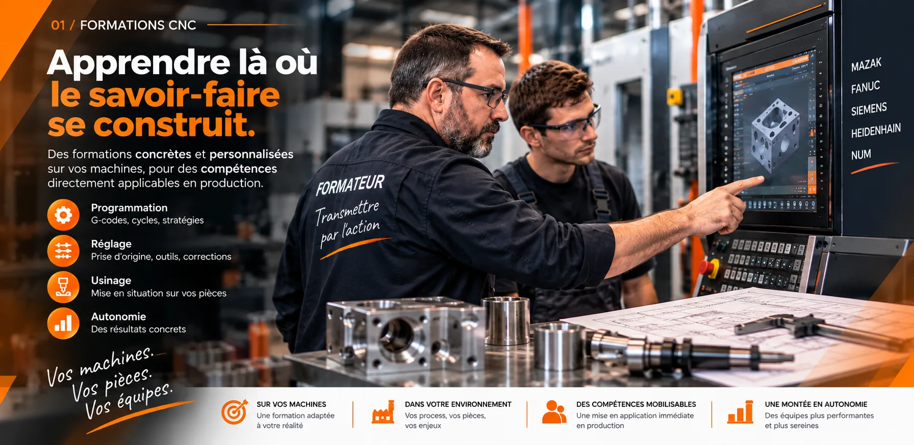 Formation CNC en situation réelle : un formateur accompagne un opérateur directement sur sa machine pour développer programmation, réglage, usinage et autonomie.