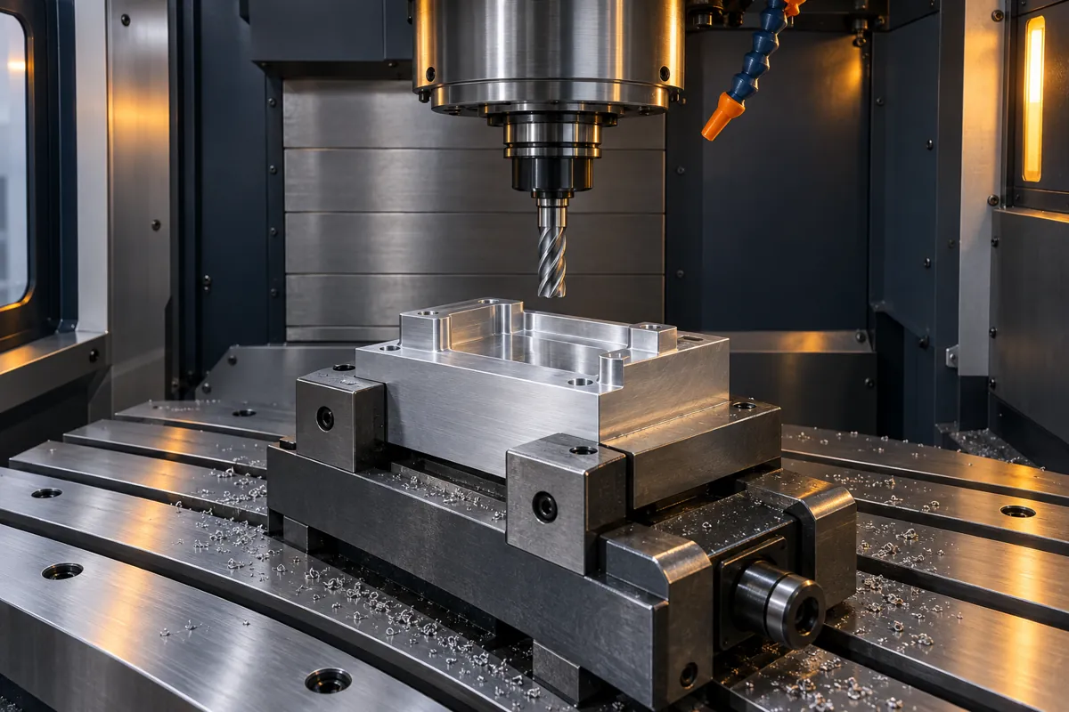 Illustration d’un centre de fraisage CNC avec une pièce bridée dans un étau.